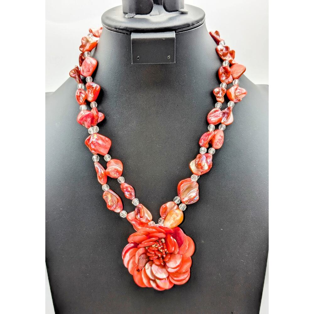 Vintage 70s Coral Color Shell Flower Pendant Double Strand 20.5"-23.5" Necklace